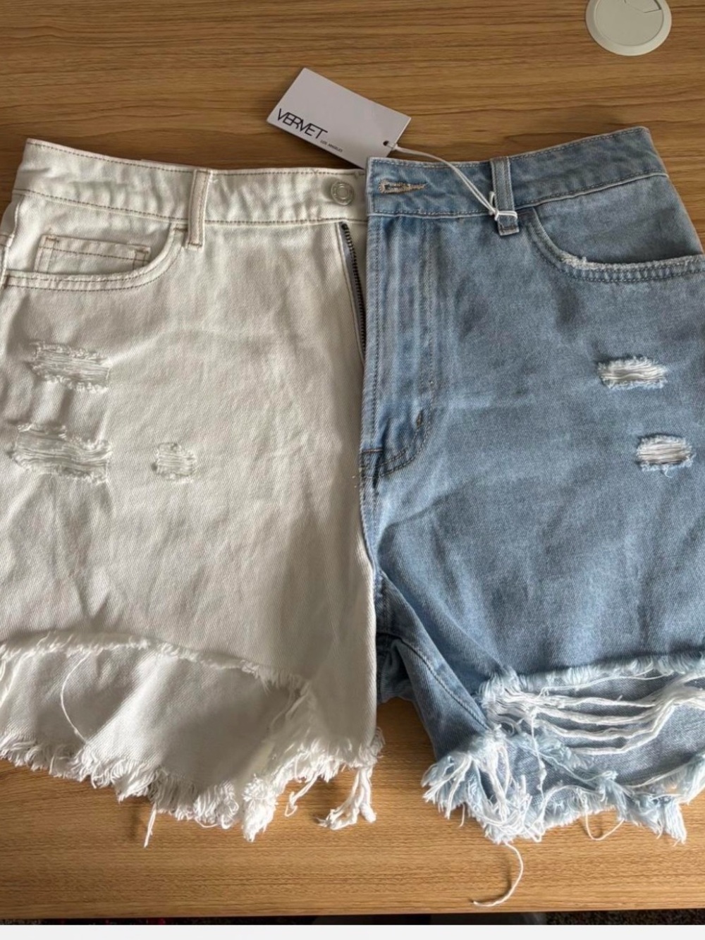 Two-Tone Distressed Jean Shorts in White & Light Blue - Velvet